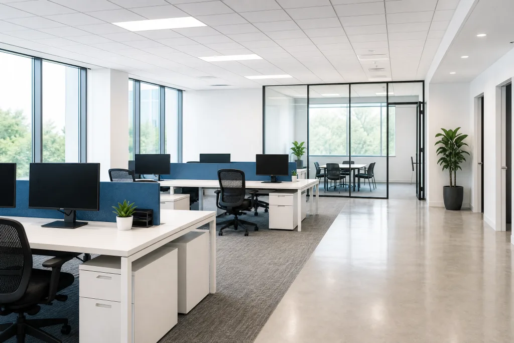 Sabah saatlerinde tertemiz, boş bir açık ofis alanı